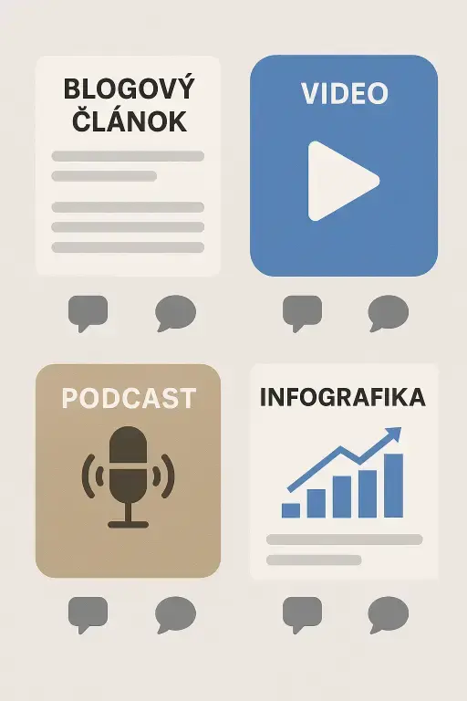 Koláž rôznych formátov kvalitného obsahu – blogový článok, video, podcast a infografika – s ikonami zdieľania a komentárov.