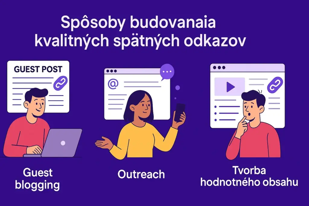 Infografika ilustrujúca tri metódy získavania kvalitných spätných odkazov: guest blogging, outreach a tvorbu hodnotného obsahu. Všetko vycentrované na fialovom pozadí s moderným dizajnom.