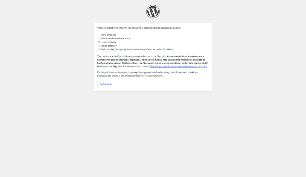 Úvodná obrazovka inštalátora WordPressu „Predtým než začneme“