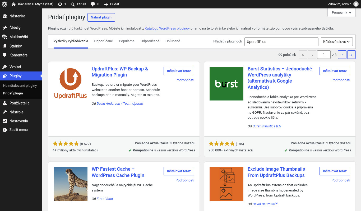 Vyhľadanie pluginu UpdraftPlus v slovenskej administrácii WordPressu v sekcii Pridať pluginy
