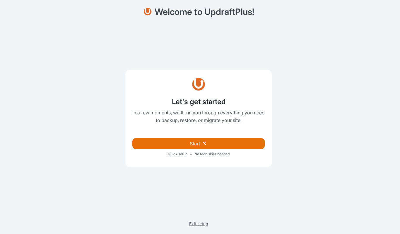 Úvodná obrazovka sprievodcu Welcome to UpdraftPlus s tlačidlom Start