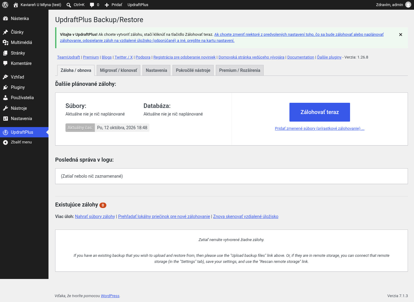 Hlavná obrazovka UpdraftPlus Backup/Restore s tlačidlom Zálohovať teraz a prázdnym zoznamom záloh