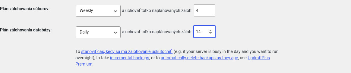 Nastavenie plánu zálohovania súborov týždenne so 4 zálohami a databázy denne so 14 zálohami