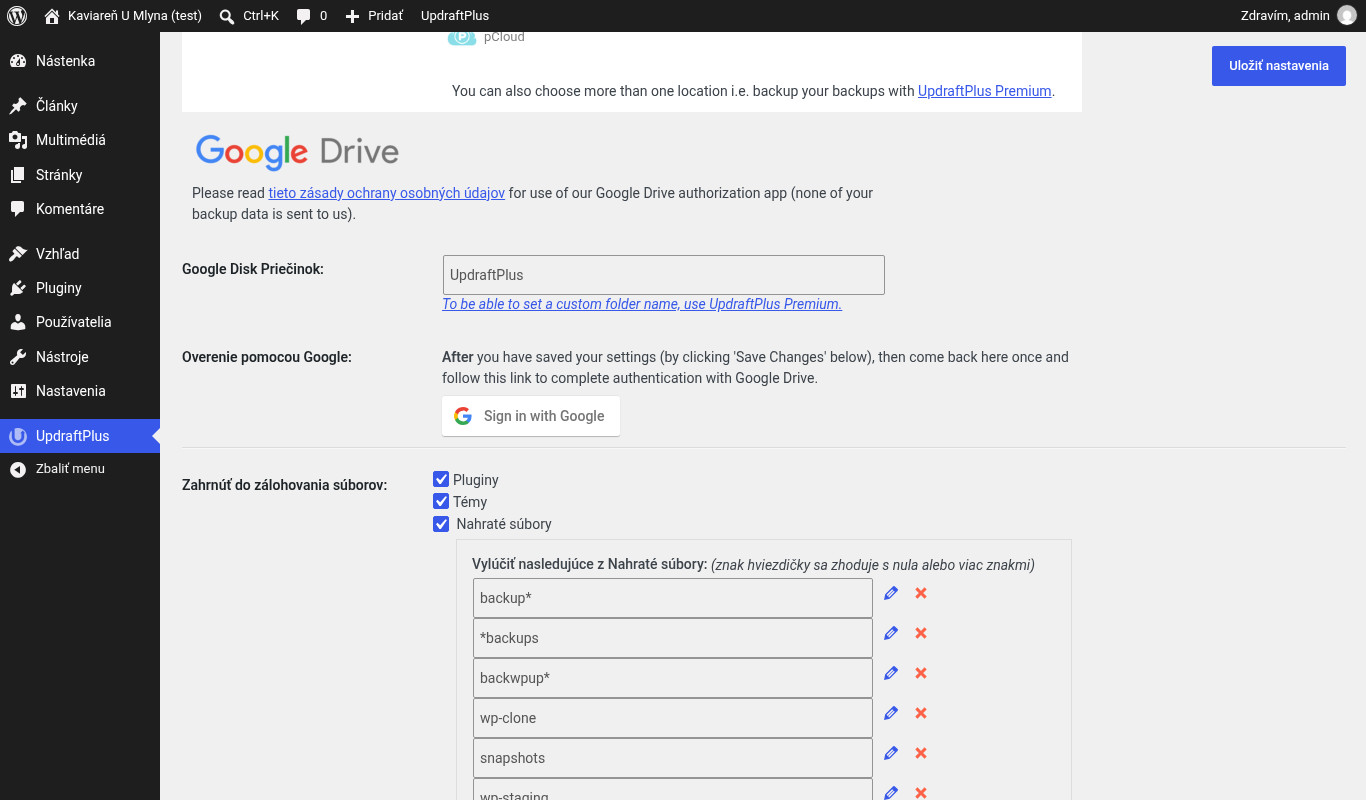 Nastavenie Google Drive v UpdraftPlus s priečinkom UpdraftPlus a tlačidlom Sign in with Google