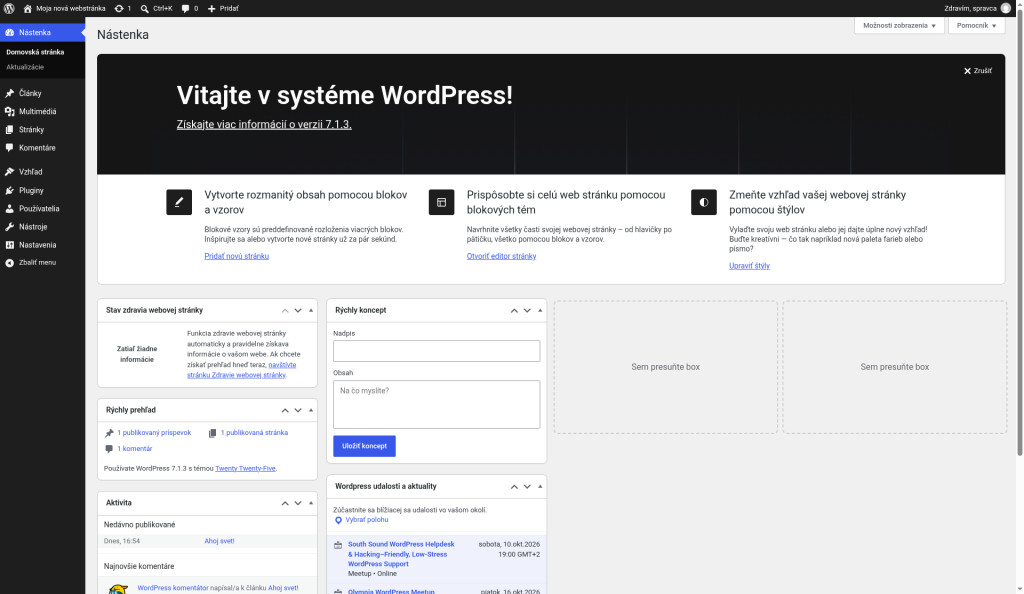 Nástenka WordPressu po prvom prihlásení
