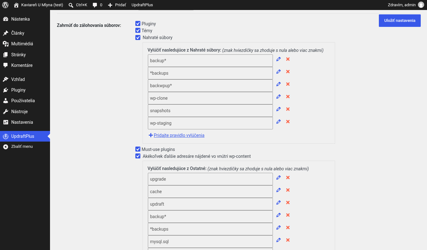 Zoznam častí webu, ktoré UpdraftPlus zálohuje, s predvolenými výnimkami
