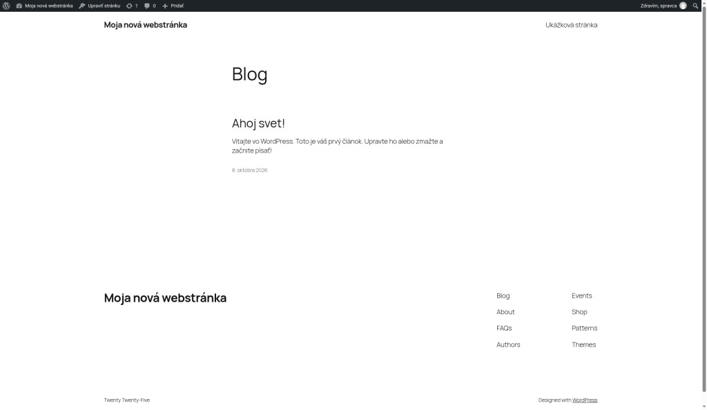 Verejná stránka nového webu s ukážkovým článkom Ahoj svet!