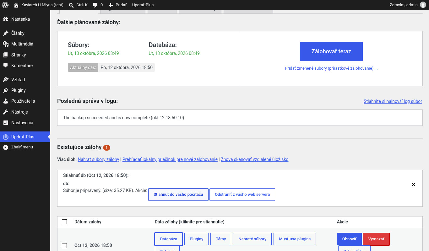 Ponuka na stiahnutie zálohy databázy do počítača v UpdraftPlus