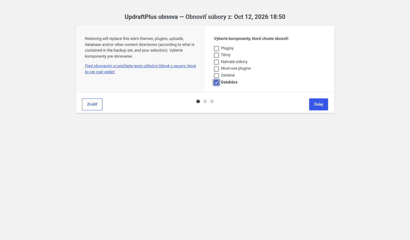 Výber komponentov na obnovu v UpdraftPlus so zaškrtnutou databázou