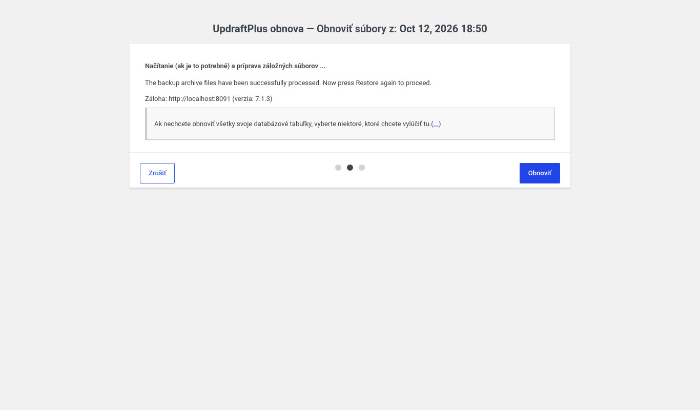 Potvrdenie obnovy v UpdraftPlus po spracovaní záložných súborov